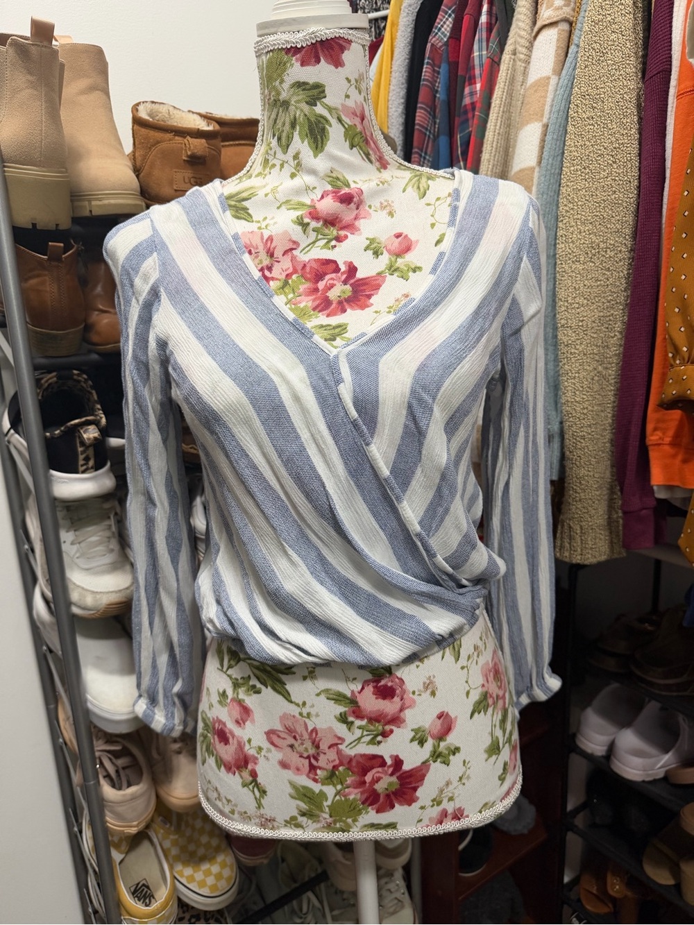 Rebellion Blue & White Striped Wrap-Front Long Sleeve Top